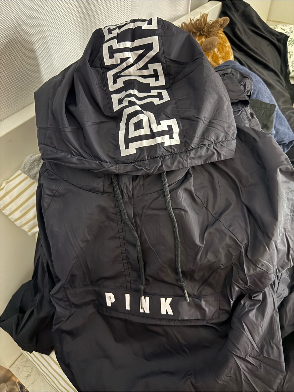 PINK Victoria's Secret Black Hooded Pullover Rain Jacket with Logo